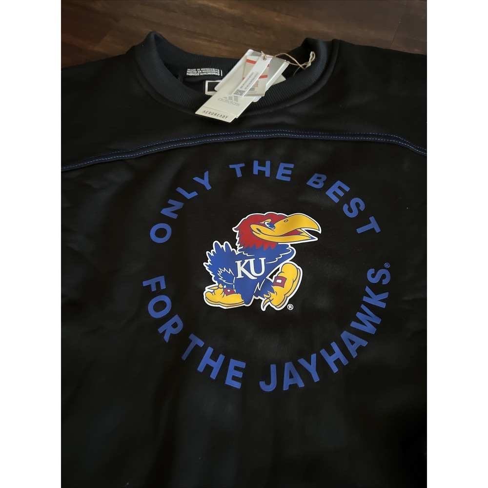 New Adidas Mens KU Kansas Jayhawks Crew Neck Sweatshirt Size XL Black Blue Red - Picture 3 of 4